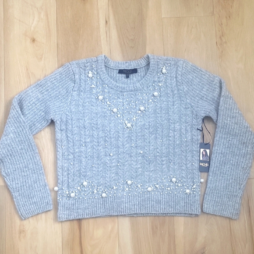 Grey Sweater with Pearl Accents sz S